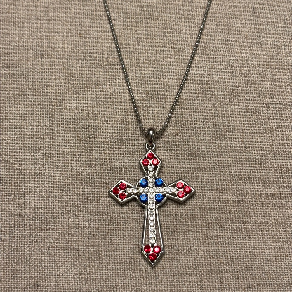Silver Tone Sparkling Cross Pendant Necklace - Red Blue Clear Stones